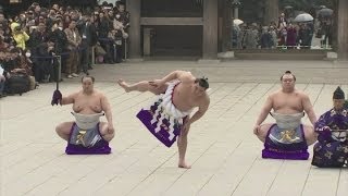 Sumo wrestlers perform traditional New Years ceremony [upl. by Allerbag]