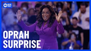 Oprah Winfrey Makes Surprise Speech At DNC  10 News First [upl. by Dnomaj]