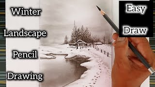 How to draw winter nature landscape scenery with pencil for beginners [upl. by Annetta]