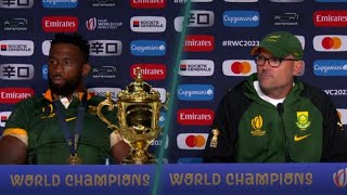 South Africas Siya Kolisi and Jacques Nienaber speak after becoming back to back World Champions [upl. by Haiasi552]