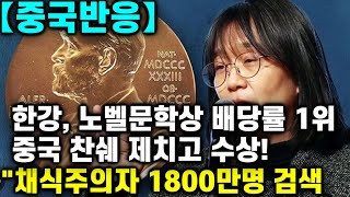 【중국반응】 한강 노벨문학상 배당률 1위 中 찬쉐 제치고 수상 quot위챗북 1800만명 검색한 채식주의자quot [upl. by Enenej573]