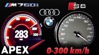 2018 Audi S8 Plus vs BMW M760Li  Acceleration Sound 0100 0300 kmh  APEX [upl. by Dranrev]