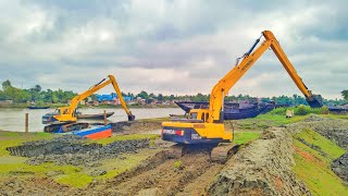 Excavator Working The River Bank on pontoon HYUNDAI 245LR SMART [upl. by Eca705]