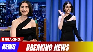 Lily Collins Stuns in Asymmetric Little Black Dress on Jimmy Fallon [upl. by Ttnerb]