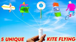 5 New and Unique Kite Flying  how to make kite  spinning kit Boat kite Box kite Cycle kite Patang [upl. by Babby]