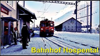 Zwei Matterhorn Gotthard Bahnen kreuzen sich beim kleinen Bahnhof Hospental [upl. by Aiksas]