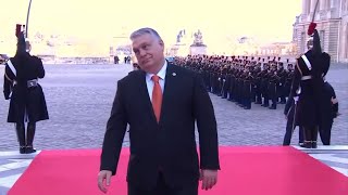 This is how Hungarys Viktor Orbán greeted journalists in Versailles [upl. by Enoitna]