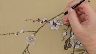 The White Plum Blossoms  Victorias Latest Gongbi Painting on Antique Colored Silk [upl. by Retsehc161]