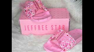 How I Blinged Out These Jeffree Star Slides by Adding Rhinestones and Pearls DIY Tutorial [upl. by Chipman]