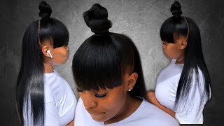 HalfUp HalfDown Quickweave with Top Knot Bun with Faux Bangs [upl. by Deyas774]