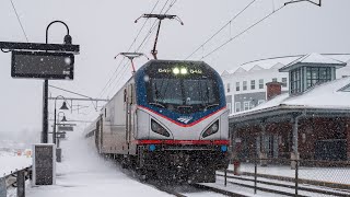 Fast Amtrak Trains in the Snow  Mansfield MA [upl. by Philis]