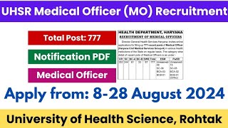 UHSR Haryana Health MO Recruitment 2024 [upl. by Nashom633]