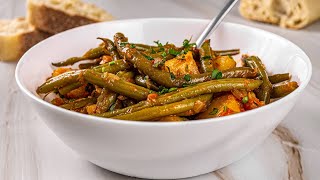 Greek green Beans and Potatoes in Tomato Sauce  Fasolakia Recipe Vegan [upl. by Aiciram485]