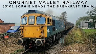 CLASS 33 DIESEL 33102 SOPHIE HEADS THE CHURNET VALLEY RAILWAY BREAKFAST TRAIN AT APESFORD 7924 [upl. by Pitt]