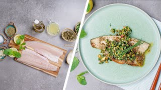 Crispy Oven Baked Trout with Pistachio Salsa amp Fresh Herbs 30minute recipe [upl. by Jarlen555]