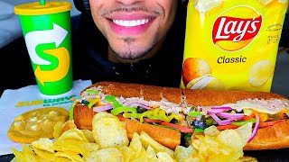 ASMR Eating Subway Mukbang Footlong Tuna Sandwich Chips White Macadamia Nut Cookie Challenge No Talk [upl. by Luanni]