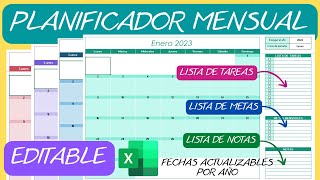 Planificador Mensual📆Editable Perpetuo en Excel✅Calendario Agenda [upl. by Ardella]