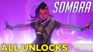 Sombra ALL UNLOCKS Skins Emotes Sprays Victory Poses Voice Lines Highlight Intros amp Weapons [upl. by Bello]