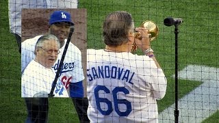 Arturo Sandoval Dodgers Nat Anthem amp Meets Yasiel Puig  Fellow Cuban 4614 [upl. by Ayidan]