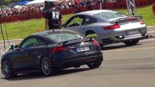 Porsche 911 Turbo 997 vs Audi TT RS  14 Mile Drag Race Viertelmeile Rennen Acceleration [upl. by Kcirtap]