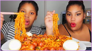 CHEESY FIRE NOODLES SAUSAGES EGGS MUKBANG [upl. by Ramhaj]