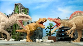 Indominus Rex and TRex Vs Spinosarus 🦖 Battle of giant dinosaurs with an army of evil soldiers [upl. by Lunette]