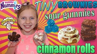 Yummy Nummies Tiny Brownies Cinnamon Rolls amp Sour Gummies [upl. by Enamart653]