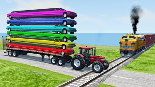 Double Flatbed Trailer Truck vs Speedbumps Train vs Cars  Tractor vs Train BeamngDrive 050 [upl. by Solrac]