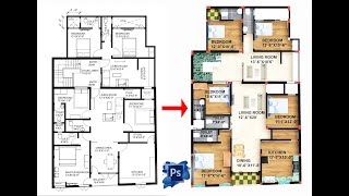 Easy Autocad House plan render in photoshop [upl. by Ahsenor]