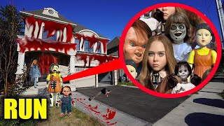 IF YOU EVER SEE CURSED CHUCKY M3GAN SQUID GAME DOLL BLOODY AXE AT STROMEDYS HOUSE RUN SCARY [upl. by Kablesh]