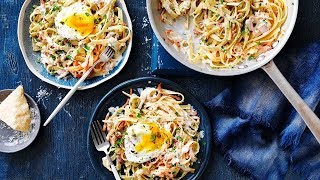 Creamy Fettuccine Carbonara recipe topped with Poached Eggs [upl. by Prentice]