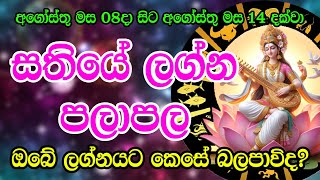 Weekly Horoscope  Sathiye Lagna Palapala  අගෝස්තු 08දා සිට අගෝස්තු 14 දක්වා සතියේ ලග්න පලාපල  Hor [upl. by Honeyman392]