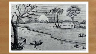 Gramer Drisso💖Village Scene Drawing  How to Draw landscape [upl. by Zetram552]