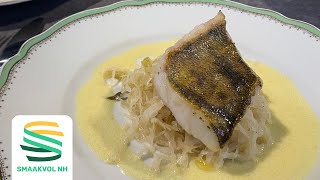 Snoekbaars met zuurkool en kruidnagel beurre blanc Topchef recept [upl. by Oilut976]