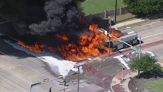 Tanker truck hauling 5000 gallons of fuel catches fire in North Texas [upl. by Erialc]