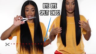 How I Trim My Curly Hair Straightened  NO More Split Ends  jasmeannnn [upl. by Bartlet]