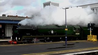 Steam Train 35028 Clan Line with loud whistling quotThe Cathedrals Expressquot to Bristol 16 March 2013 [upl. by Nauqad]