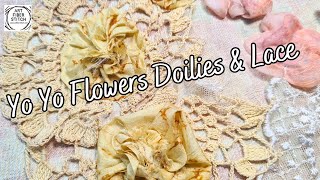 A Vintage look hand sewing project using Suffolk Puffs Doilies and Lace fabricart embroidery [upl. by Hobard]