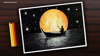 Moonlight Journey  Drawing for Beginners with Crayons  step by step  Satisfying 103 [upl. by Drawdesemaj]