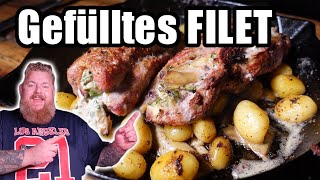 Gefülltes Schweinefilet mit Frischkäse Mix amp knusprigen Kartoffeln  Herbstgrillen im Pelletsmoker [upl. by Nnalatsyrc]