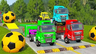 Double Flatbed Trailer Truck vs Speedbumps Train vs Cars Tractor vs Train BeamngDrive [upl. by Torto905]