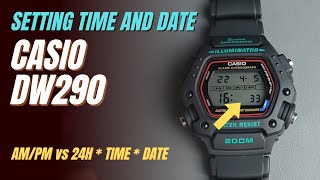 Setting Time and Date on Casio DW290  Adjust AM PM 24H Calendar etc [upl. by Ellevehs]