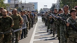 Video Captured Ukrainian soldiers march through streets of Donetsk [upl. by Ativahs]