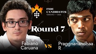 Round 7  Fabiano Caruana  Praggnanandhaa R  FIDE Candidates 2024 [upl. by Ekez]