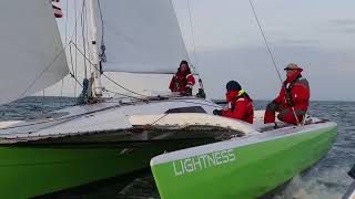 sailing trimaran LIGHTNESS at finish line La Duecento 2022 [upl. by Htnamas639]