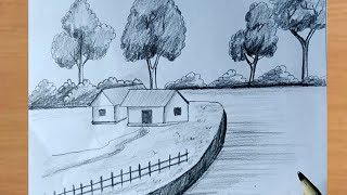 How to Draw Village Scenery with Pencil Sketch Nature Pencil Drawing for Beginners [upl. by Atterg]