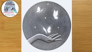 How to draw magical butterflies in hand  Pencil sketch for beginners  Night scenery drawing [upl. by Laet]