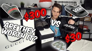 300 GUCCI FLIP FLOPS vs 30 VANS SLIDES [upl. by Fawna]