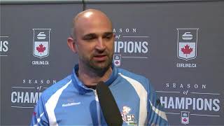 2018 Tim Hortons Brier  Media Scrum  Draw 1 [upl. by Eladnek154]