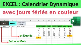 Calendrier dynamique sur Excel avec jours fériés en couleur 👍 [upl. by Clevey984]